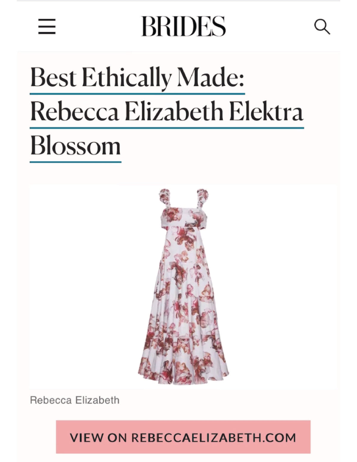 Brides Magazine — Elektra Dress in Blossom Print Featured as Best Ethically Made Floral Bridal Dress